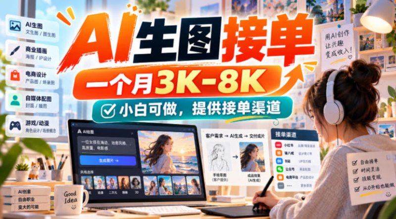 AI生图接单,一个月3K-8K,小白可做,提供接单渠道网创-网赚-电商-tk-出海-AI-抖音-快手-小红书-视频号-玩法-创业-小程序-公众号-私域-s粉网创智库