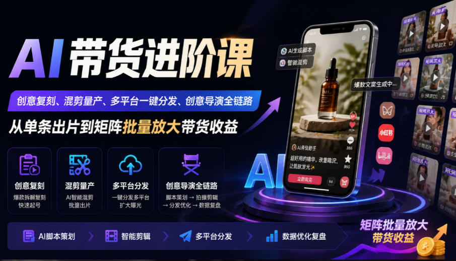 AI带货进阶课｜创意复刻、混剪量产、多平台一键分发、创意导演全链路，从单条出片到矩阵批量放大带货收益 - 网创智库网创-网赚-电商-tk-出海-AI-抖音-快手-小红书-视频号-玩法-创业-小程序-公众号-私域-s粉网创智库