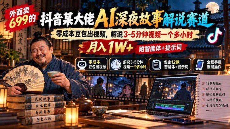 外面卖699抖音某大佬AI深夜故事解说赛道-更新:0成本豆包出视频+解说3-5分钟视频一个多小时,月入1W+附智能体+提示词网创-网赚-电商-tk-出海-AI-抖音-快手-小红书-视频号-玩法-创业-小程序-公众号-私域-s粉网创智库