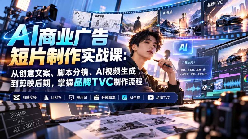 AI商业广告短片制作实战课：从创意文案、脚本分镜、AI视频生成到剪映后期，掌握品牌TVC制作流程网创-网赚-电商-tk-出海-AI-抖音-快手-小红书-视频号-玩法-创业-小程序-公众号-私域-s粉网创智库
