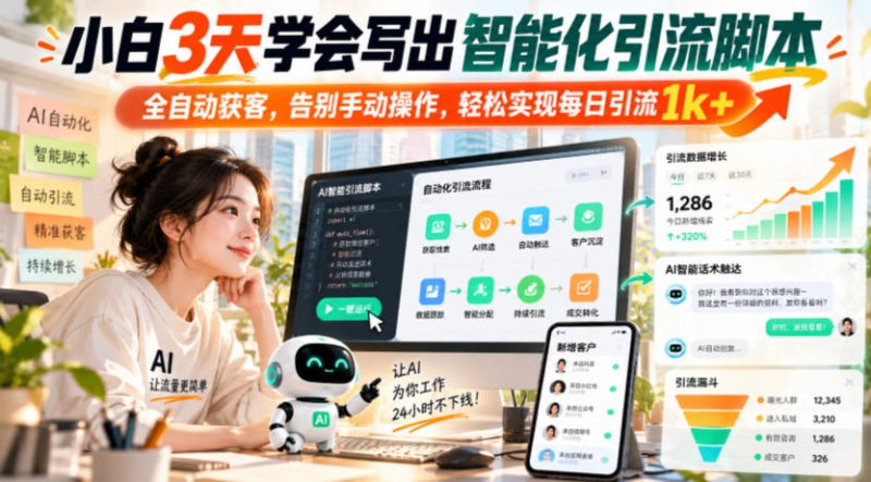 小白3天学会写出智能化引流脚本,全自动获客,告别手动操作,轻松实现每日引流1k+网创-网赚-电商-tk-出海-AI-抖音-快手-小红书-视频号-玩法-创业-小程序-公众号-私域-s粉网创智库