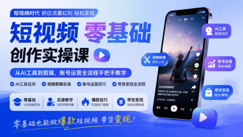 短视频零基础创作实操课，从AI工具到剪辑、账号运营全流程手把手教学，零基础也能做爆款短视频带货变现网创-网赚-电商-tk-出海-AI-抖音-快手-小红书-视频号-玩法-创业-小程序-公众号-私域-s粉网创智库