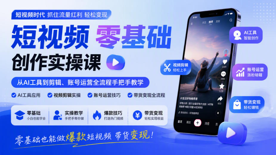短视频零基础创作实操课，从AI工具到剪辑、账号运营全流程手把手教学，零基础也能做爆款短视频带货变现 - 网创智库网创-网赚-电商-tk-出海-AI-抖音-快手-小红书-视频号-玩法-创业-小程序-公众号-私域-s粉网创智库