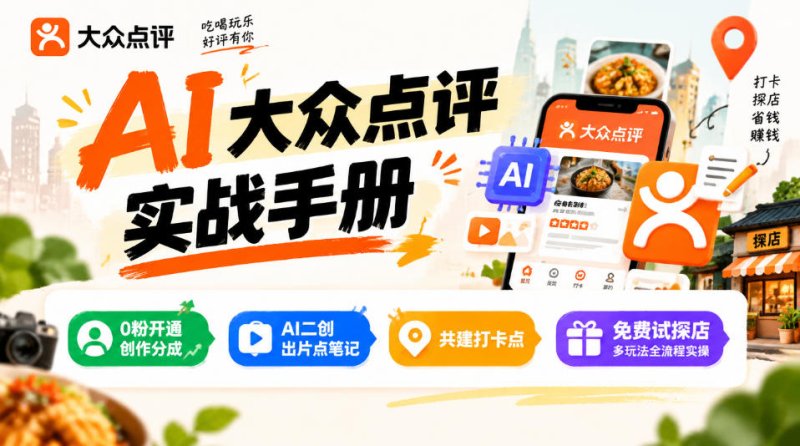 某局的AI大众点评实战手册,0粉开通创作分成、AI二创出片点笔记、共建打卡点、免费试探店多玩法全流程实操网创-网赚-电商-tk-出海-AI-抖音-快手-小红书-视频号-玩法-创业-小程序-公众号-私域-s粉网创智库