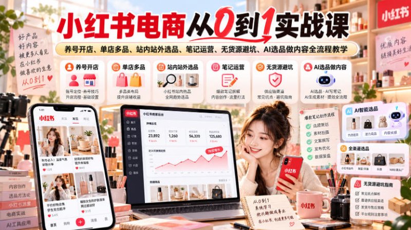 小红书电商从0到1实战课|养号开店、单店多品、站内站外选品、笔记运营、无货源避坑、AI选品做内容全流程教学网创-网赚-电商-tk-出海-AI-抖音-快手-小红书-视频号-玩法-创业-小程序-公众号-私域-s粉网创智库