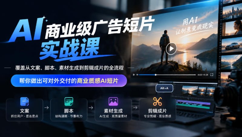 AI商业级广告短片实战课,覆盖从文案、脚本、素材生成到剪辑成片的全流程,帮你做出可对外交付的商业质感AI短片网创-网赚-电商-tk-出海-AI-抖音-快手-小红书-视频号-玩法-创业-小程序-公众号-私域-s粉网创智库