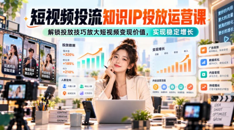 短视频投流知识IP投放运营课,解锁投放技巧放大短视频变现价值,实现稳定增长网创-网赚-电商-tk-出海-AI-抖音-快手-小红书-视频号-玩法-创业-小程序-公众号-私域-s粉网创智库
