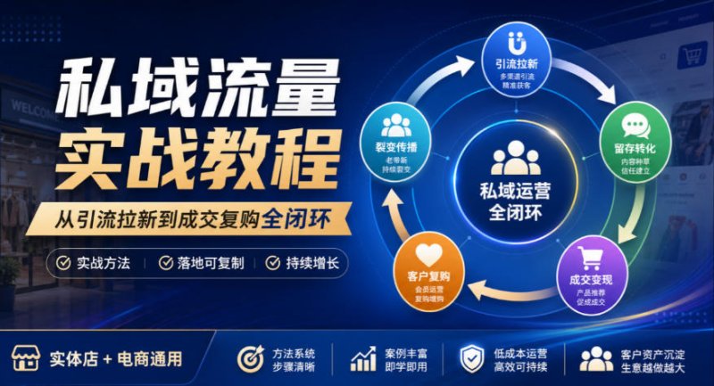 私域流量实战教程,从引流拉新到成交复购全闭环,实体店电商通用网创-网赚-电商-tk-出海-AI-抖音-快手-小红书-视频号-玩法-创业-小程序-公众号-私域-s粉网创智库