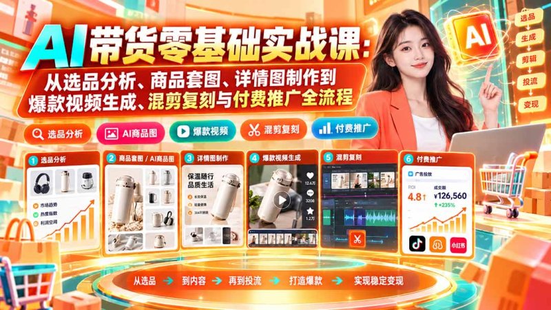 AI带货零基础实战课：从选品分析、商品套图、详情图制作到爆款视频生成、混剪复刻与付费推广全流程网创-网赚-电商-tk-出海-AI-抖音-快手-小红书-视频号-玩法-创业-小程序-公众号-私域-s粉网创智库