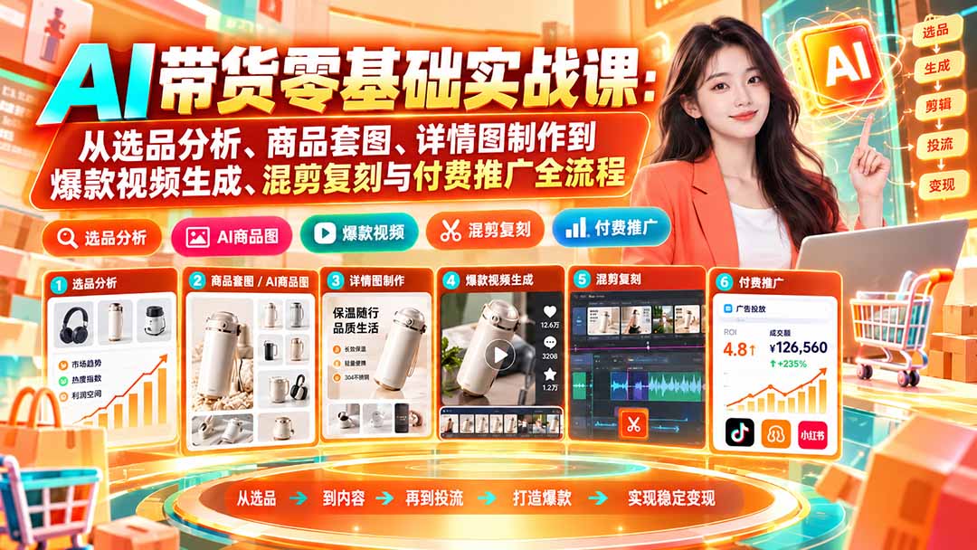 AI带货零基础实战课：从选品分析、商品套图、详情图制作到爆款视频生成、混剪复刻与付费推广全流程 - 网创智库网创-网赚-电商-tk-出海-AI-抖音-快手-小红书-视频号-玩法-创业-小程序-公众号-私域-s粉网创智库