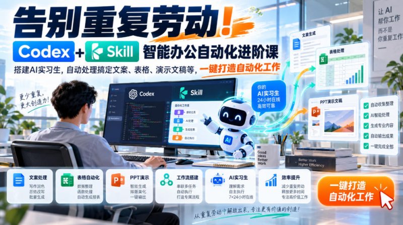 告别重复劳动！Codex+Skill智能办公自动化进阶课｜搭建AI实习生，自动处理搞定文案、表格、演示文稿等，一键打造自动化工作网创-网赚-电商-tk-出海-AI-抖音-快手-小红书-视频号-玩法-创业-小程序-公众号-私域-s粉网创智库