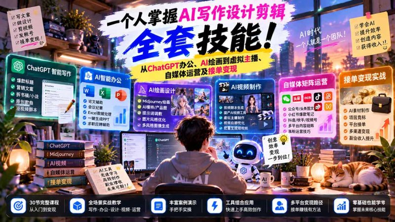 一个人掌握AI写作设计剪辑全套技能:从ChatGPT办公、AI绘画到虚拟主播、自媒体运营及接单变现网创-网赚-电商-tk-出海-AI-抖音-快手-小红书-视频号-玩法-创业-小程序-公众号-私域-s粉网创智库