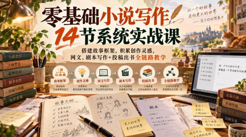 零基础小说写作14节系统实战课,搭建故事框架,积累创作灵感,网文、剧本写作+投稿出书全链路教学网创-网赚-电商-tk-出海-AI-抖音-快手-小红书-视频号-玩法-创业-小程序-公众号-私域-s粉网创智库