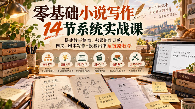 零基础小说写作14节系统实战课，搭建故事框架，积累创作灵感，网文、剧本写作+投稿出书全链路教学 - 网创智库网创-网赚-电商-tk-出海-AI-抖音-快手-小红书-视频号-玩法-创业-小程序-公众号-私域-s粉网创智库