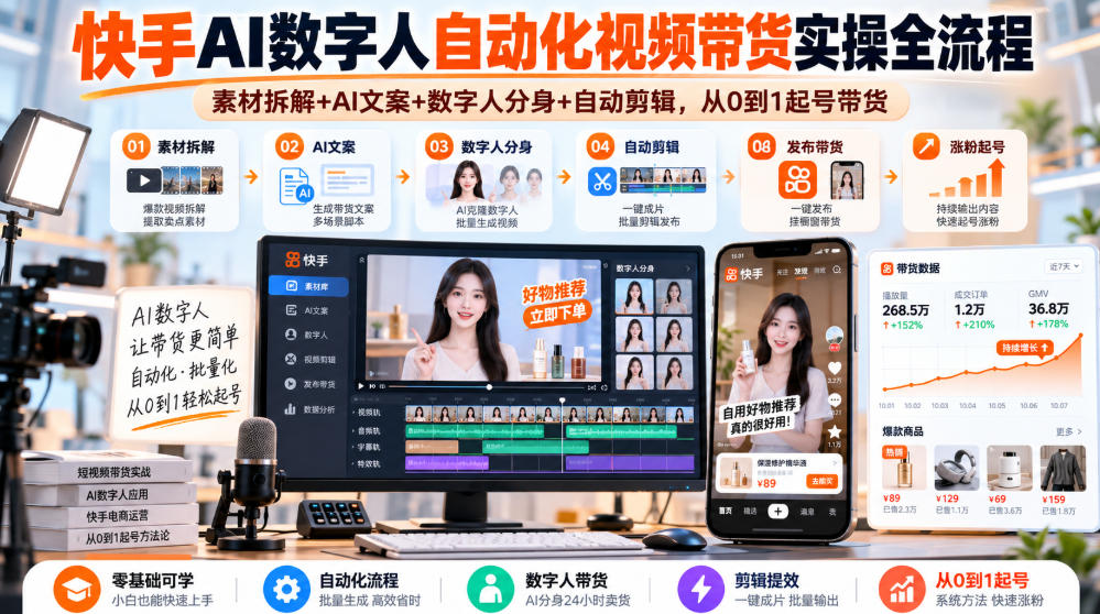 快手AI数字人自动化视频带货实操全流程｜素材拆解+AI文案+数字人分身+自动剪辑，从0到1起号带货(更新26年) - 网创智库网创-网赚-电商-tk-出海-AI-抖音-快手-小红书-视频号-玩法-创业-小程序-公众号-私域-s粉网创智库