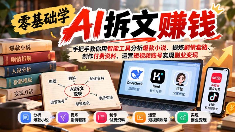 零基础学AI拆文赚钱:手把手教你用智能工具分析爆款小说、提炼剧情套路、制作付费资料、运营短视频账号实现副业变现网创-网赚-电商-tk-出海-AI-抖音-快手-小红书-视频号-玩法-创业-小程序-公众号-私域-s粉网创智库