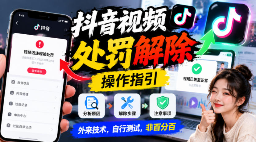 抖音视频处罚解除操作指引，外来技术，自行测试，非百分百 - 网创智库网创-网赚-电商-tk-出海-AI-抖音-快手-小红书-视频号-玩法-创业-小程序-公众号-私域-s粉网创智库