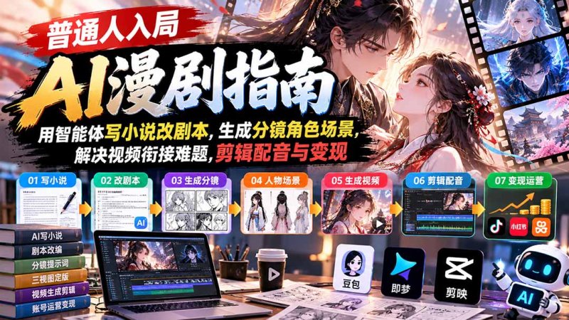【无水印】普通人入局AI漫剧指南:用智能体写小说改剧本,生成分镜角色场景,解决视频衔接难题,剪辑配音与变现网创-网赚-电商-tk-出海-AI-抖音-快手-小红书-视频号-玩法-创业-小程序-公众号-私域-s粉网创智库