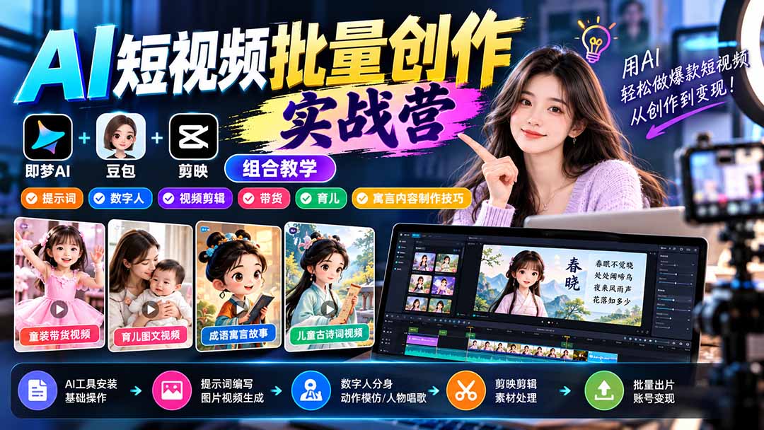 【无水印】AI短视频批量创作实战营：即梦+豆包+剪映组合教学，提示词/数字人/视频剪辑/带货/育儿/寓言内容制作技巧 - 网创智库网创-网赚-电商-tk-出海-AI-抖音-快手-小红书-视频号-玩法-创业-小程序-公众号-私域-s粉网创智库