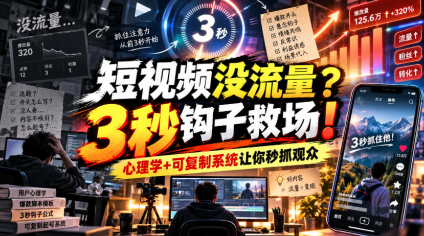 【无水印】短视频没流量？3秒钩子救场！心理学+可复制系统让你秒抓观众【原创双语字幕】 - 网创智库网创-网赚-电商-tk-出海-AI-抖音-快手-小红书-视频号-玩法-创业-小程序-公众号-私域-s粉网创智库