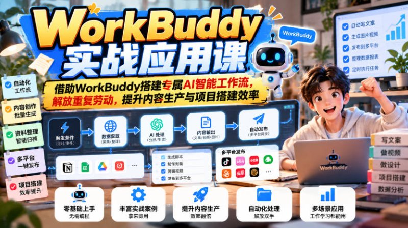 WorkBuddy实战应用课,借助WorkBuddy搭建专属AI智能工作流,解放重复劳动,提升内容生产与项目搭建效率网创-网赚-电商-tk-出海-AI-抖音-快手-小红书-视频号-玩法-创业-小程序-公众号-私域-s粉网创智库
