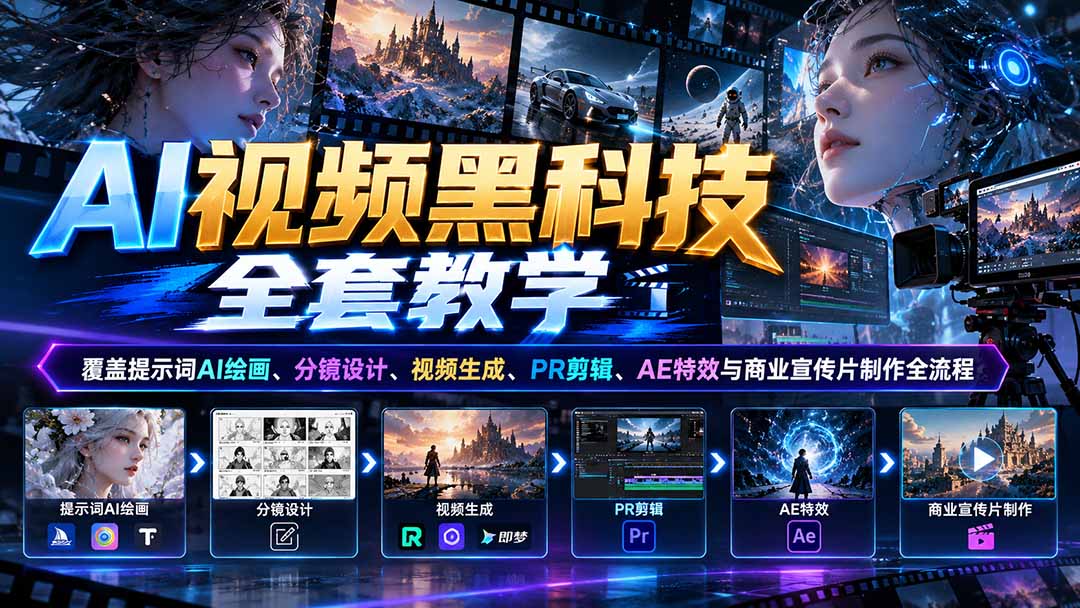 AI视频黑科技全套教学：覆盖提示词AI绘画、分镜设计、视频生成、PR剪辑、AE特效与商业宣传片制作全流程 - 网创智库网创-网赚-电商-tk-出海-AI-抖音-快手-小红书-视频号-玩法-创业-小程序-公众号-私域-s粉网创智库