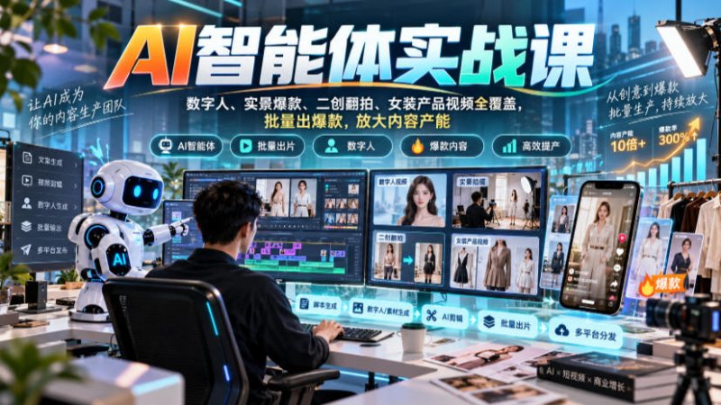AI智能体实战课，数字人、实景爆款、二创翻拍、女装产品视频全覆盖，批量出爆款，放大内容产能网创-网赚-电商-tk-出海-AI-抖音-快手-小红书-视频号-玩法-创业-小程序-公众号-私域-s粉网创智库