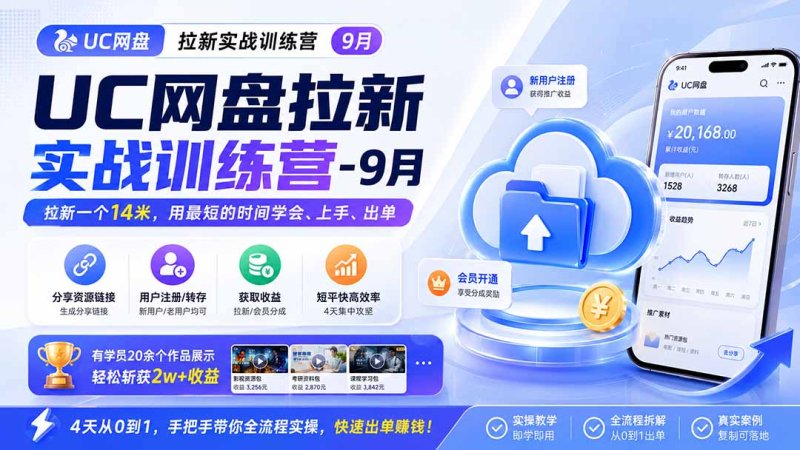 UC网盘拉新实战训练营-更新1022,拉新一个14米,用最短的时间学会、上手、出单,有学员20余个作品,轻松斩获2w+收益网创-网赚-电商-tk-出海-AI-抖音-快手-小红书-视频号-玩法-创业-小程序-公众号-私域-s粉网创智库