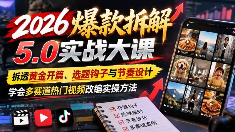 2026爆款拆解5.0实战大课：拆透黄金开篇、选题钩子与节奏设计，学会多赛道热门视频改编实操方法网创-网赚-电商-tk-出海-AI-抖音-快手-小红书-视频号-玩法-创业-小程序-公众号-私域-s粉网创智库