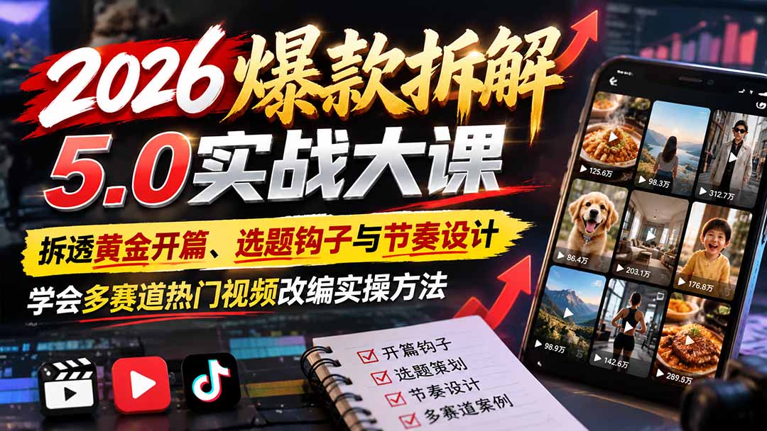 2026爆款拆解5.0实战大课：拆透黄金开篇、选题钩子与节奏设计，学会多赛道热门视频改编实操方法 - 网创智库网创-网赚-电商-tk-出海-AI-抖音-快手-小红书-视频号-玩法-创业-小程序-公众号-私域-s粉网创智库