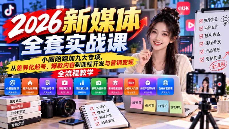2026新媒体全套实战课:小圈陪跑+九大专项,从差异化起号、爆款内容到课程开发与营销变现全流程教学网创-网赚-电商-tk-出海-AI-抖音-快手-小红书-视频号-玩法-创业-小程序-公众号-私域-s粉网创智库