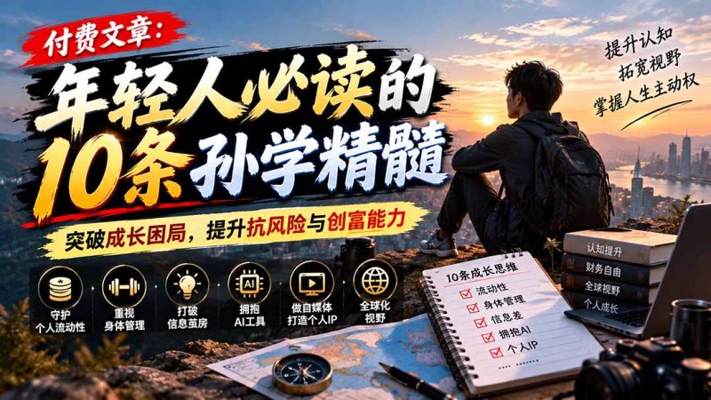 付费文章:年轻人必读的10条孙学精髓,突破成长困局,提升抗风险与创富能力网创-网赚-电商-tk-出海-AI-抖音-快手-小红书-视频号-玩法-创业-小程序-公众号-私域-s粉网创智库