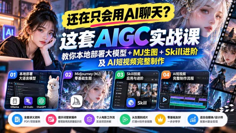 【无水印】还在只会用AI聊天?这套AIGC实战课教你本地部署大模型+MJ生图+Skill进阶及AI短视频完整制作网创-网赚-电商-tk-出海-AI-抖音-快手-小红书-视频号-玩法-创业-小程序-公众号-私域-s粉网创智库