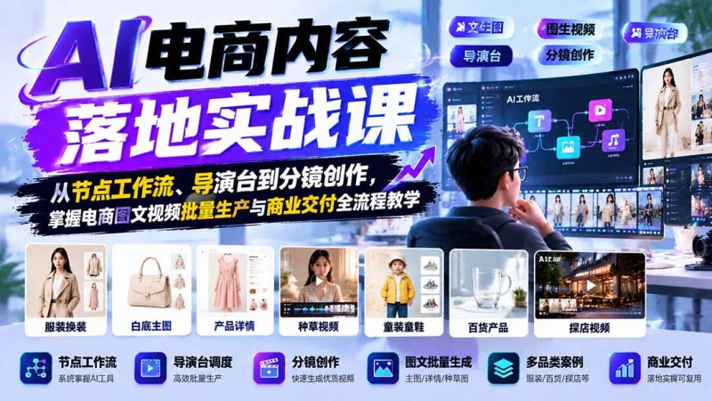 AI电商内容落地实战课:从节点工作流、导演台到分镜创作,掌握电商图文视频批量生产与商业交付全流程教学网创-网赚-电商-tk-出海-AI-抖音-快手-小红书-视频号-玩法-创业-小程序-公众号-私域-s粉网创智库