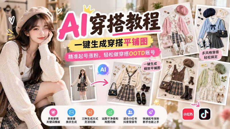 【无水印】AI穿搭教程｜一键生成穿搭平铺图，精准起号涨粉，轻松做穿搭OOTD账号网创-网赚-电商-tk-出海-AI-抖音-快手-小红书-视频号-玩法-创业-小程序-公众号-私域-s粉网创智库