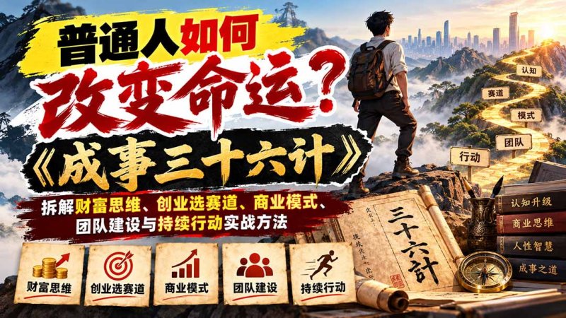 普通人如何改变命运?《成事三十六计》拆解财富思维、创业选赛道、商业模式、团队建设与持续行动实战方法网创-网赚-电商-tk-出海-AI-抖音-快手-小红书-视频号-玩法-创业-小程序-公众号-私域-s粉网创智库