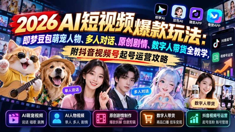 2026AI短视频爆款玩法:即梦豆包萌宠人物、多人对话、原创剧情、数字人带货全教学,附抖音视频号起号运营攻略网创-网赚-电商-tk-出海-AI-抖音-快手-小红书-视频号-玩法-创业-小程序-公众号-私域-s粉网创智库