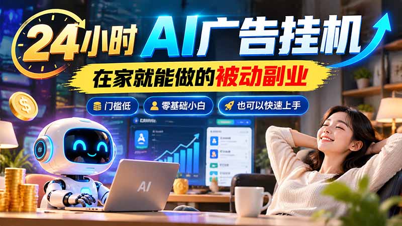 24小时AI广告挂机｜在家就能做的被动副业，门槛低，零基础小白也可以快速上手网创-网赚-电商-tk-出海-AI-抖音-快手-小红书-视频号-玩法-创业-小程序-公众号-私域-s粉网创智库