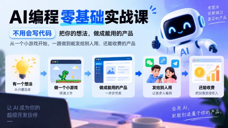 AI编程零基础实战课,不用会写代码,把你的想法,做成能用的产品,从一个小游戏开始,一路做到能发给别人用、还能收费的产品网创-网赚-电商-tk-出海-AI-抖音-快手-小红书-视频号-玩法-创业-小程序-公众号-私域-s粉网创智库