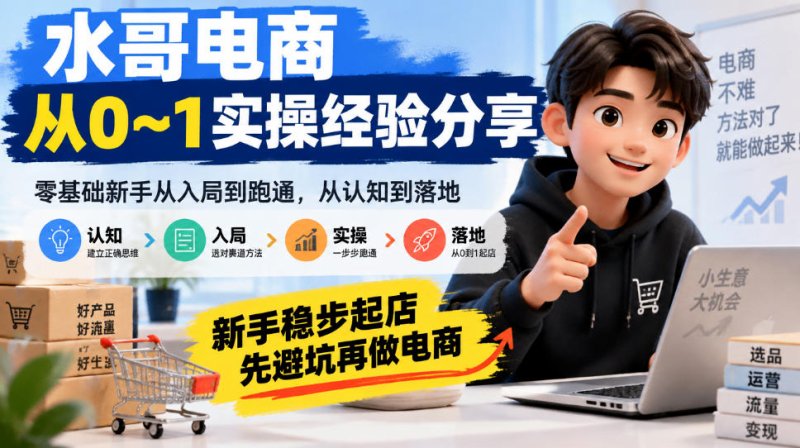 水哥电商从0~1实操经验分享,零基础新手从入局到跑通,从认知到落地,新手稳步起店,先避坑再做电商网创-网赚-电商-tk-出海-AI-抖音-快手-小红书-视频号-玩法-创业-小程序-公众号-私域-s粉网创智库
