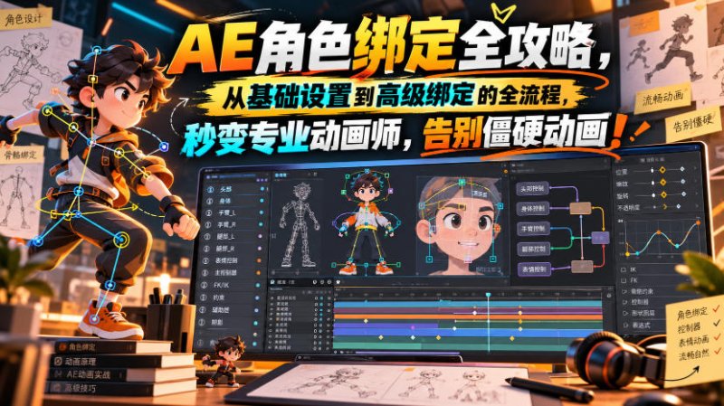 【无水印】AE角色绑定全攻略，从基础设置到高级绑定的全流程，秒变专业动画师，告别僵硬动画！【原创双语字幕】网创-网赚-电商-tk-出海-AI-抖音-快手-小红书-视频号-玩法-创业-小程序-公众号-私域-s粉网创智库