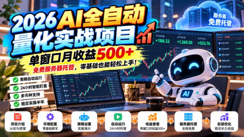 2026AI全自动量化实战项目，单窗口月收益500+，免费服务器托管，零基础也能轻松上手！【揭秘】网创-网赚-电商-tk-出海-AI-抖音-快手-小红书-视频号-玩法-创业-小程序-公众号-私域-s粉网创智库