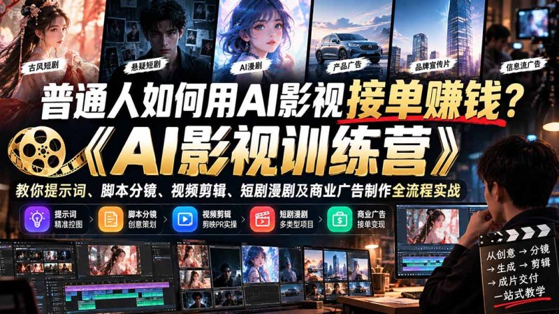 普通人如何用AI影视接单赚钱?《AI影视训练营》教你提示词、脚本分镜、视频剪辑、短剧漫剧及商业广告制作全流程实战网创-网赚-电商-tk-出海-AI-抖音-快手-小红书-视频号-玩法-创业-小程序-公众号-私域-s粉网创智库