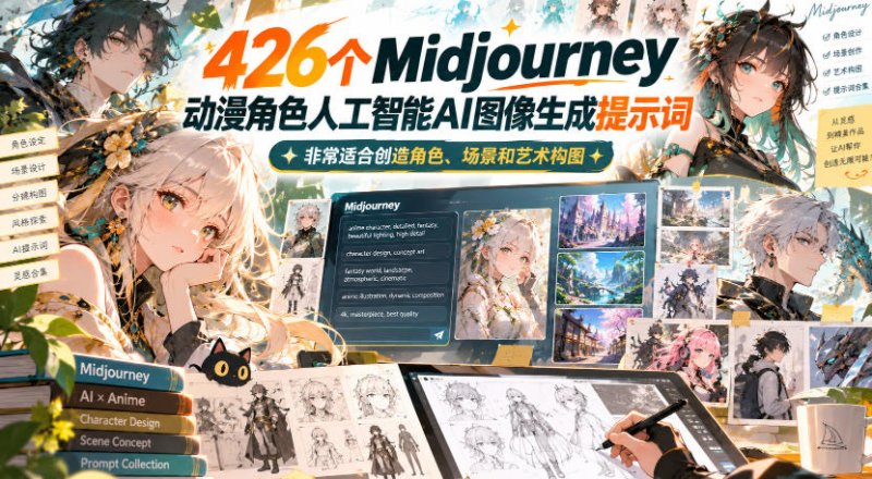 426个Midjourney动漫角色人工智能AI图像生成提示词,非常适合创造角色、场景和艺术构图网创-网赚-电商-tk-出海-AI-抖音-快手-小红书-视频号-玩法-创业-小程序-公众号-私域-s粉网创智库