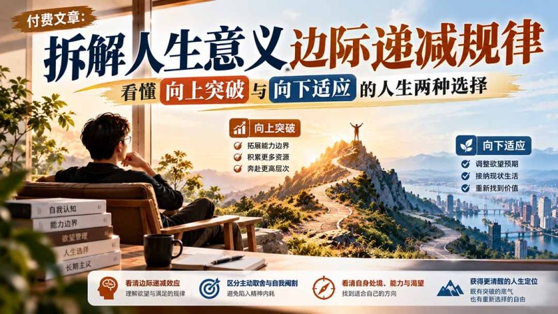 付费文章:拆解人生意义边际递减规律,看懂向上突破与向下适应的人生两种选择网创-网赚-电商-tk-出海-AI-抖音-快手-小红书-视频号-玩法-创业-小程序-公众号-私域-s粉网创智库