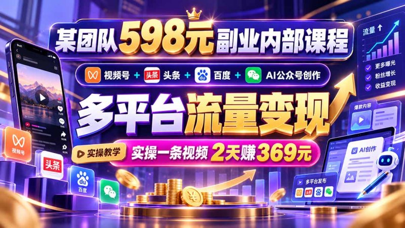 某团队598元副业内部课程：视频号+头条+百度+AI公众号创作、多平台流量变现，实操一条视频2天赚369元网创-网赚-电商-tk-出海-AI-抖音-快手-小红书-视频号-玩法-创业-小程序-公众号-私域-s粉网创智库