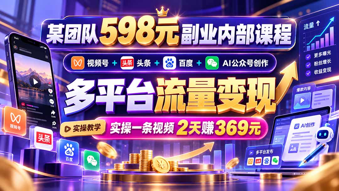某团队598元副业内部课程：视频号+头条+百度+AI公众号创作、多平台流量变现，实操一条视频2天赚369元 - 网创智库网创-网赚-电商-tk-出海-AI-抖音-快手-小红书-视频号-玩法-创业-小程序-公众号-私域-s粉网创智库