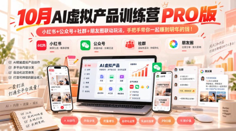 10月AI虚拟产品训练营PRO版,小红书+公众号+社群+朋友圈联动玩法,手把手带你一起赚到明年的钱!(更新1029)网创-网赚-电商-tk-出海-AI-抖音-快手-小红书-视频号-玩法-创业-小程序-公众号-私域-s粉网创智库
