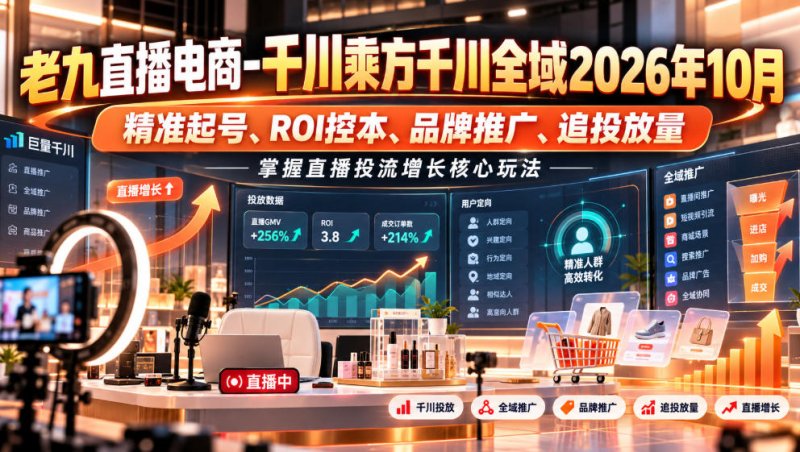 老九直播电商-千川乘方千川全域2026年10月,精准起号、ROI控本、品牌推广、追投放量,掌握直播投流增长核心玩法网创-网赚-电商-tk-出海-AI-抖音-快手-小红书-视频号-玩法-创业-小程序-公众号-私域-s粉网创智库