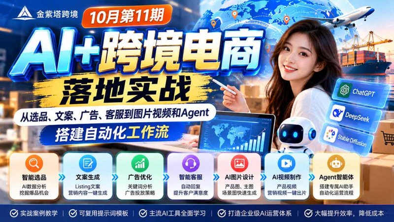 2026 AI+跨境电商落地实战10月第11期:从选品、文案、广告、客服到图片视频和Agent,搭建自动化工作流网创-网赚-电商-tk-出海-AI-抖音-快手-小红书-视频号-玩法-创业-小程序-公众号-私域-s粉网创智库